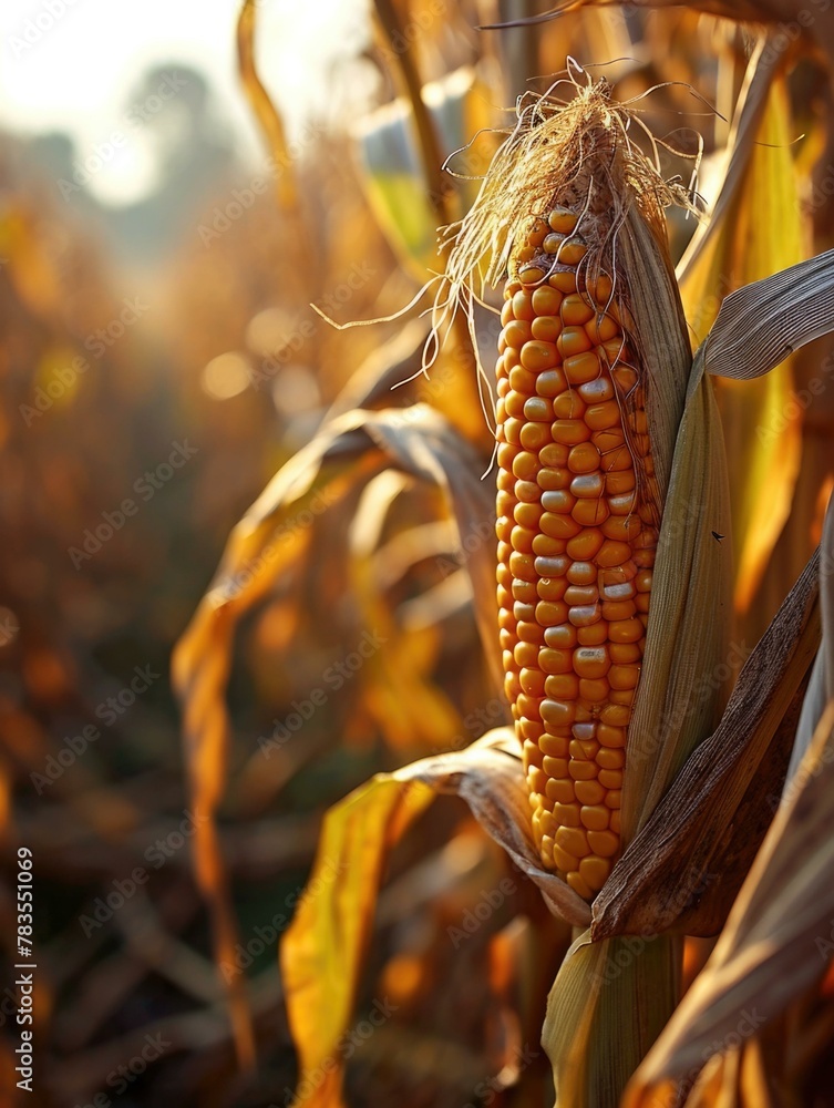 Poster a close up of a corn stalk in the middle of an open field. ai.
