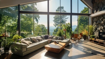 A living room with a large window and lots of glass. AI.