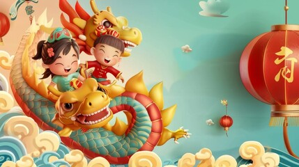 In Chinese translation, the golden dragon welcomes the new year. Children ride on a dragon on a yellow and blue gradient background.