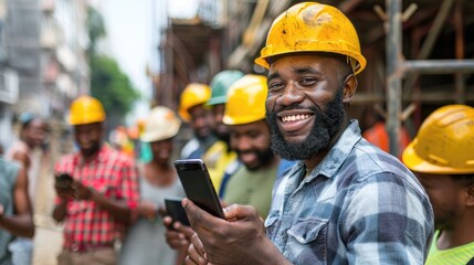 A man with a beard and a yellow hard hat is smiling and holding a cell phone