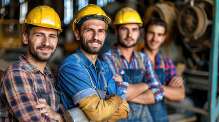 Four men wearing hard hats and safety gear are posing for a picture - obrazy, fototapety, plakaty