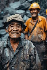 Obraz premium Two men wearing hard hats and dirty clothes are smiling for the camera