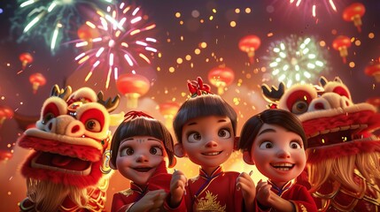 The words 'Dragon brings the prosperity' are written in Chinese characters around a flying dragon on a red background with fireworks.