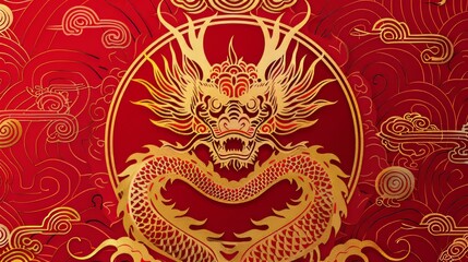 Elegant oriental dragon with patterns on a red background with gold design elements. Text: Golden dragon welcomes the new year.