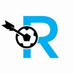 Letter R Football Logo and Target Arrow Symbol. Soccer Sign