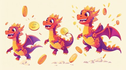 Various dragon elements isolated on cream white background. One dragon carries a coin, another does not. Dragons in traditional costumes cheering as they run.