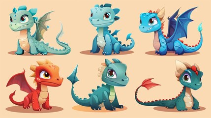 An adorable cartoon dragon element set isolated on a beige background. These dragons have different expressions in blue, turquoise, and light red.