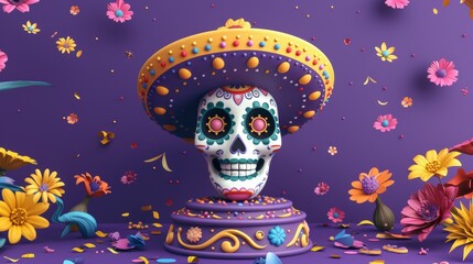 The podium is decorated with a sugar skull wearing a sombrero and day of the dead elements against a purple background.