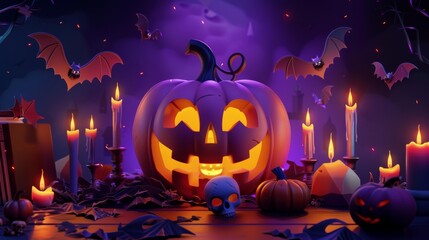 On a dark night background, a 3D pumpkin is surrounded by candles, a skull, and bats.