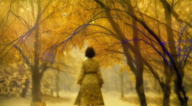 Silhouette of a person in a misty golden forest. Soft focus photography with a dreamlike atmosphere. Concept of solitude and introspection in nature. Design for contemplative themes and book covers.