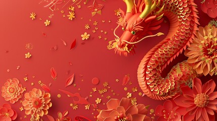 A CNY poster featuring a dragon tangling around a holiday greeting title on a red background with flowers and fireworks. Text reads: Thrive like dragons.