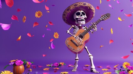 An animated 3D skeleton playing guitar on a purple background with Day of the Dead decorations.