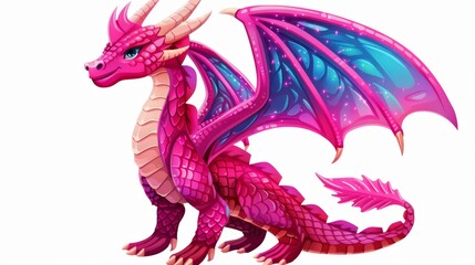 On a white background, a vibrant hot pink dragon with patterns is isolated.