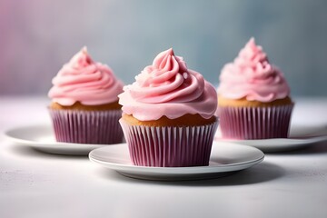   Cupcakes with pink buttercream frosting on white plate.                                                                                      