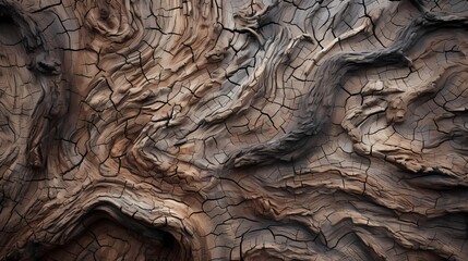 A close-up of rough tree bark, with intricate patterns and textures