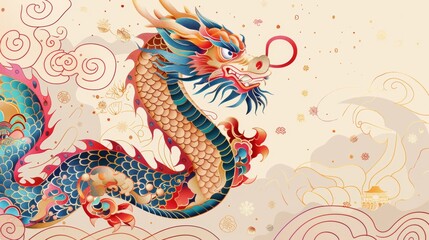 Obraz premium The lunar holiday dragon is isolated on a cream colored background with a beautiful oriental pattern.