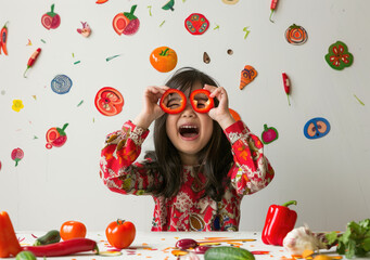 A kid is playing with vegetables in the kitchen, holding up sliced red peppers to her eyes like glasses and laughing happily at home.