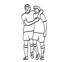 Fototapeta na wymiar two male soccer player holding together with happiness illustration vector hand drawn isolated on white background