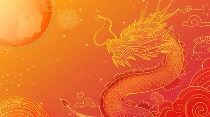 Fototapeta na wymiar This is a classic Chinese New Year banner with a dragon on an orange and red gradient background decorated with line style decorations. The text reads: Fortune. Auspicious New Year.