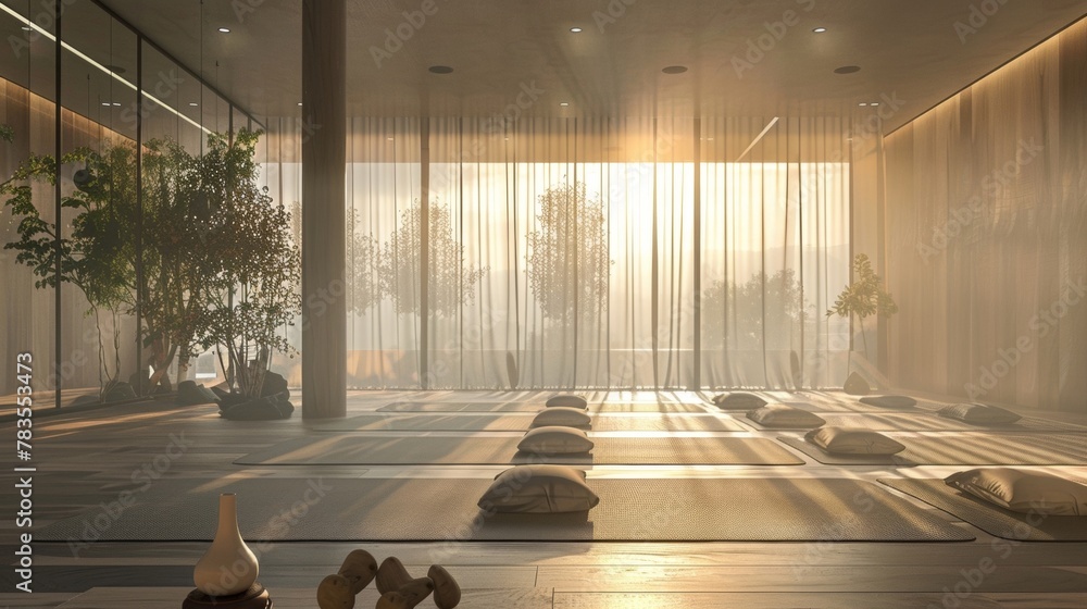 Poster a peaceful yoga studio bathed in soft diffused natural light the result of smart glass windows that 