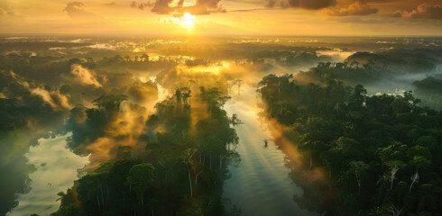 Aerial view of the Amazon rainforest at sunrise, with mist rising from rivers and trees.