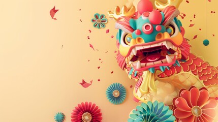 On a pale yellow background, dragons and festive decors celebrate the Chinese New Year. The text reads: Happy new year.