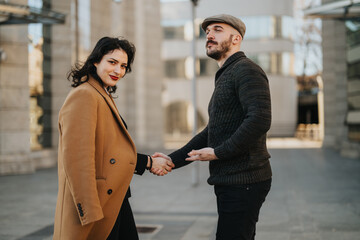 A fashionable young couple enjoys a moment together, holding hands and standing in a sunlit urban space, exuding romance and contemporary style.