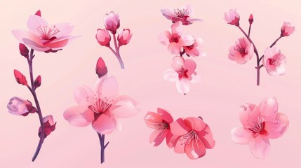 An elegant cherry blossom element set isolated on a light pink background.