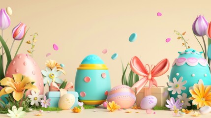 Fototapeta na wymiar Decorative Easter banner with painted eggs, coins, gifts, and flowers on light beige background.