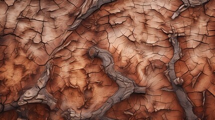 A close-up of rough tree bark, with intricate patterns and textures
