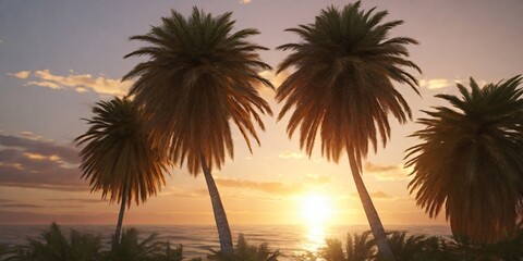 Fototapeta na wymiar A palm tree at sunset, its fronds outlined by warm light summer beach background wallpaper