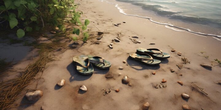  A pair of flip flops abandoned near the water’s edge