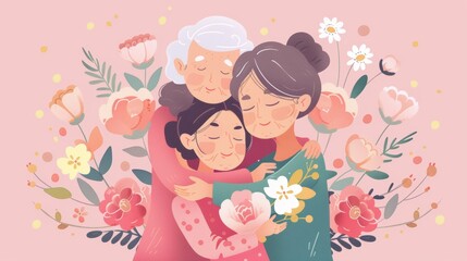 Greeting card with a grandmother, mother, and daughter hugging on a light pink background.