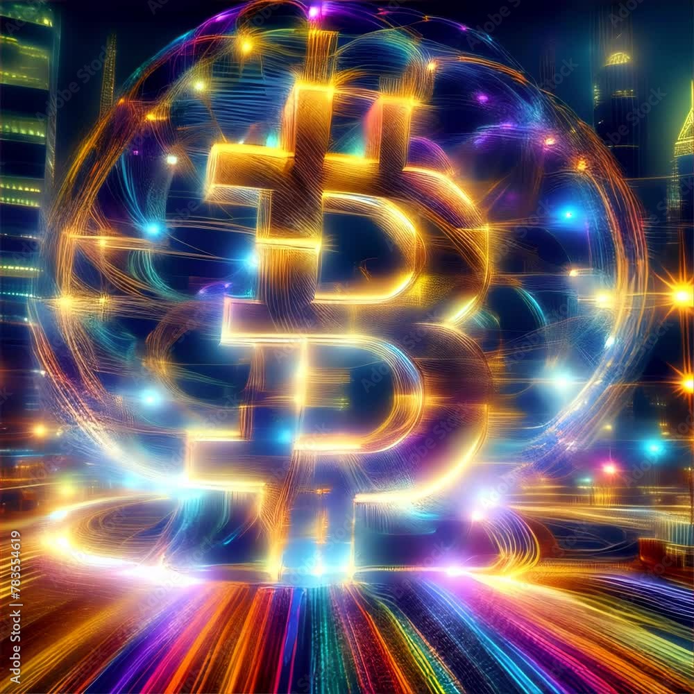 Poster a dazzling bitcoin symbol glows amidst a vibrant cityscape with dynamic light trails and skyscrapers