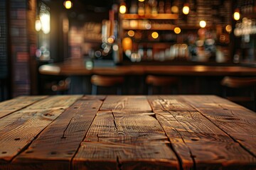 Empty Wooden Table Top with Blurred Bokeh Background of a Coffee Shop or Restaurant Interior at Night for Product Display Montage. 