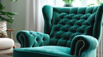 Green Velvet Armchair in Modern Interior Design Setting