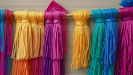Rainbow color Yarn Tassel Garland stitched to a piece of cloth in selective focus on a wall, colour - obrazy, fototapety, plakaty