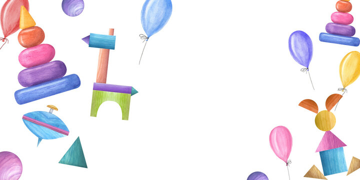Watercolor illustration with kid wooden toys and balloons. Multicolored pyramid, spinning top, cubes, horse and hare made of cubes. Horizontal frame isolated on white background. Copy space for text.