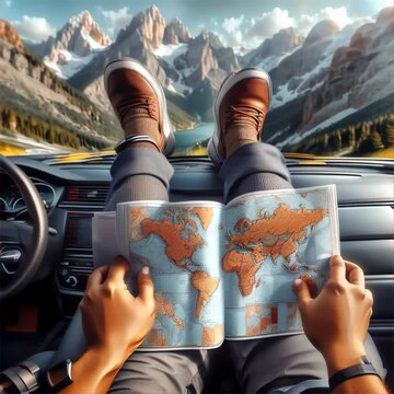 Relaxed traveler's feet on a car dashboard with a map open, in front of a majestic mountain landscape, embodying the spirit of road trip adventures.. AI Generation