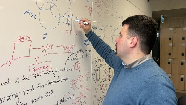 Young man writing on a board with a marker in the office