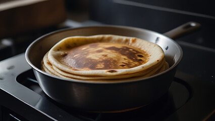 Close up shot of a kitchen stove with a frying pan and an undercook Indian chapati (roti) on it, gol roti