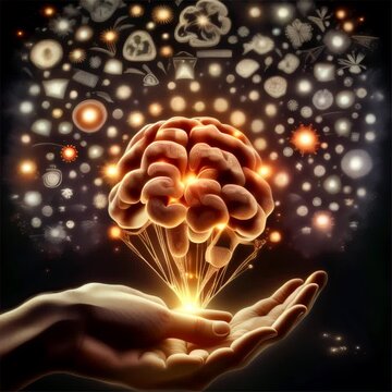 A conceptual image of a hand holding a brain-shaped balloon with icons and symbols floating around, symbolizing thoughts and ideas. AI Generation