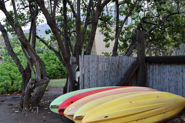 Colorful kayaks at a campground in Maui Hawaii