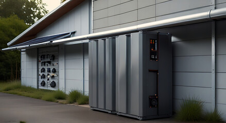 Battery packs alternative electric energy storage system at home garage wall as backup or sustainable energy concepts, outdoor