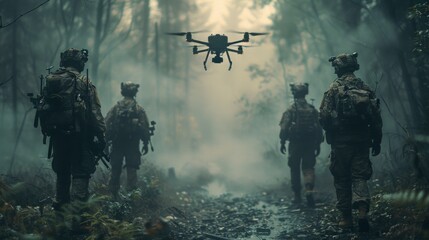 Soldiers and Drone Patrolling in a Misty Forest - obrazy, fototapety, plakaty