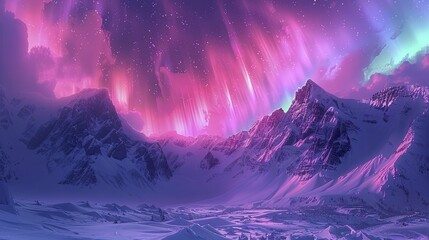 Witness the serene Aurora gracefully pirouette over the snow-capped peaks in a neon ballet under the night sky.