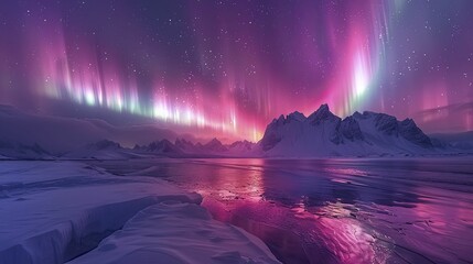 Witnessing the ethereal beauty of a calming aurora over snowy peaks, as a neon dance unfolds in the night sky. - obrazy, fototapety, plakaty