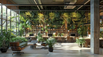 Naklejka premium Enhancing workplace wellness through biophilic design principles and integration of natural elements.