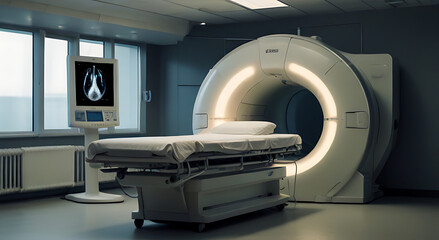 An advanced mri or ct scan medical diagnosis machine at hospital lab as wide banner with copy space area, empty room,  - obrazy, fototapety, plakaty
