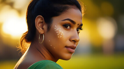 An Indian Lady With Vitiligo skin Disease looking backwards at the camera in golden warm evening lights with bokeh blur green background, isolated background, glow
